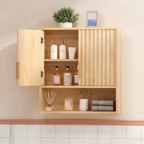 Ktaxon Fluted Bathroom Cabinet Wall Mount, Medicine Cabinet Storage Organizer with Single Door and Adjustable Shelves, Oak