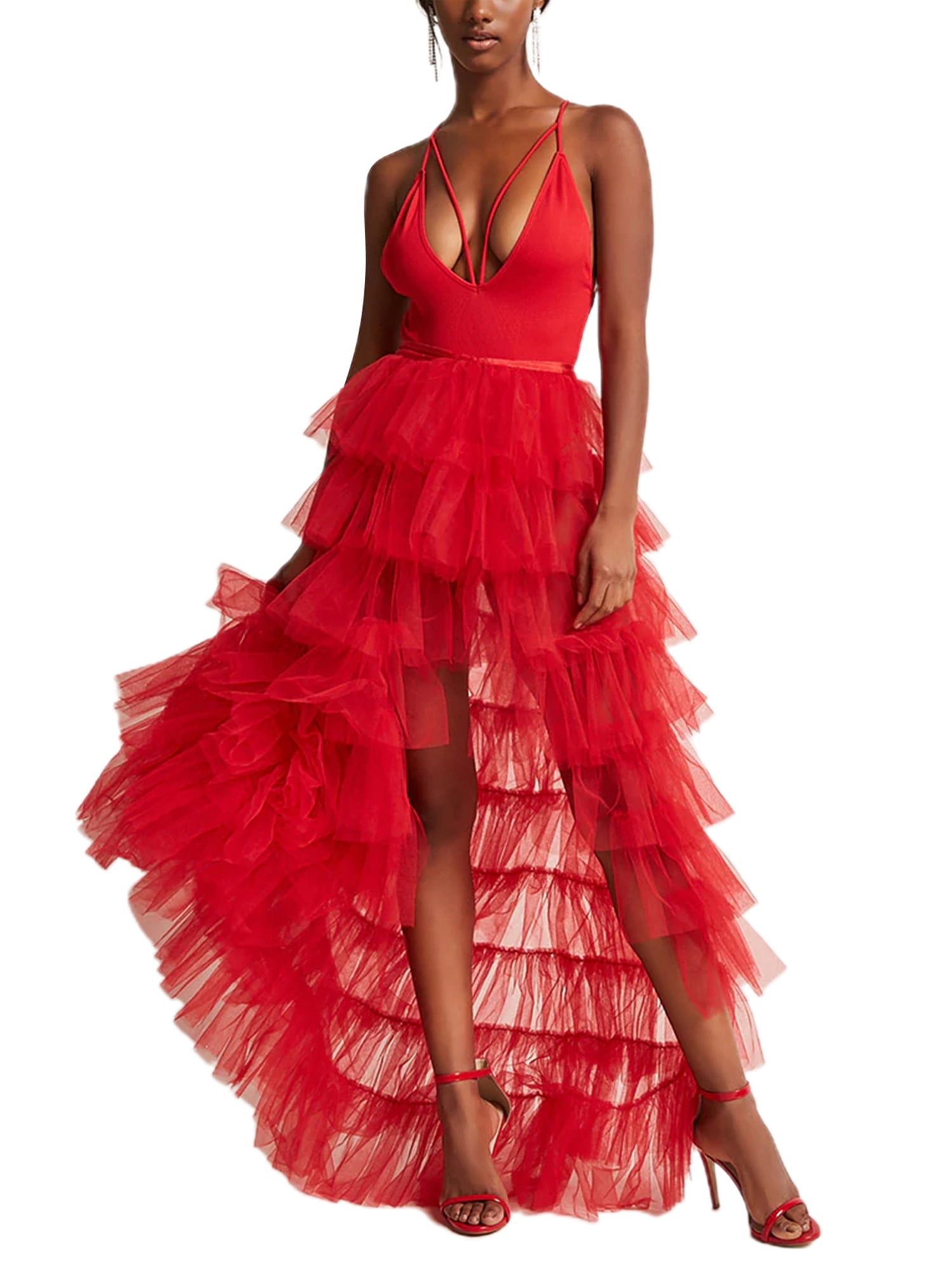 Fortune Women Tulle Skirt Solid Color Mesh Irregular Floor Length Party Skirt