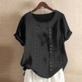 thumbnail image 2 of Mrat Basic Daily Blouse Blouse à Manches Courtes Ample et Confortable pour Femmes, Couleur Unie, Boutonnée, Style Court Lock, Décontractée, Col Rond, T-Shirt Court, P-26, Noir, TG, 2 of 6