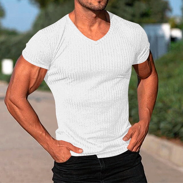 Styesk T-Shirts pour Homme à la Mode T-Shirt Uni Décontracté Ajusté à Col en V à Manches Courtes