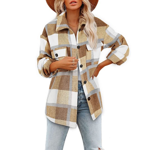 EGNMCR Womens Plaid Shacket Jacket Button Long Sleeve Shirt Coat Fall Winter Loose Flannel Jacket