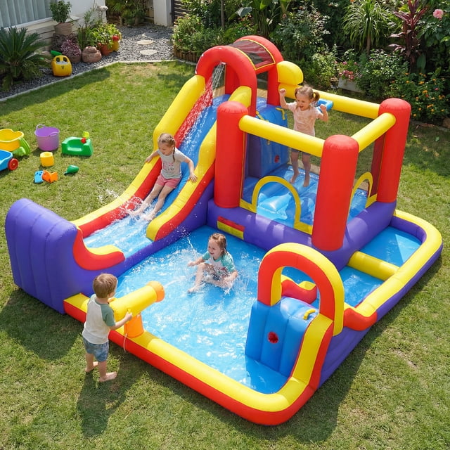 Gymax Inflatable Water Slide 7-in-1 Outdoor Bounce House w/ Dual Slides Splash Pool Water Cannon Climbing Wall & Basketball Hoop