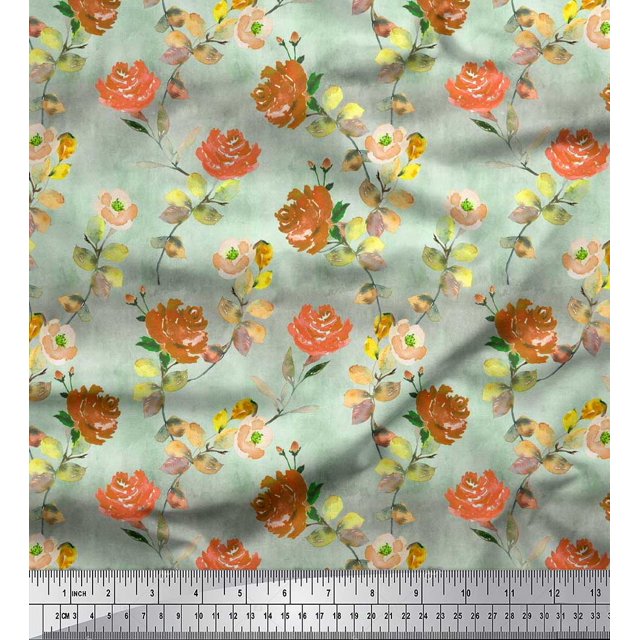 Soimoi Orange Poly Georgette Fabric Leaves & Floral Printed Craft Fabric by The Yard 42 Inch Wide