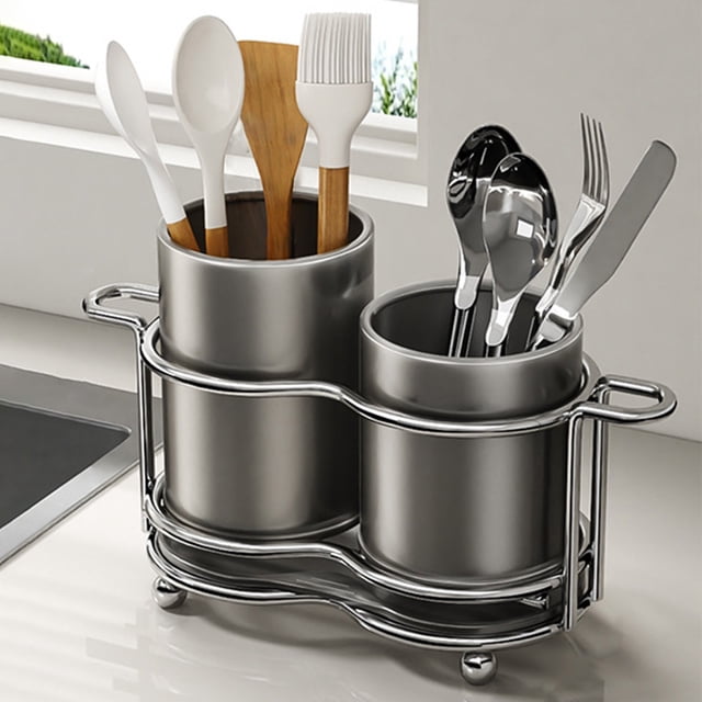 Fridja Home Decor Clearance Kitchen Countertop Tool Stand Knife and Spoon Drying Rack Hygienic Kitchen Tool Caddy Stainless Steel Cutlery Organizer. A compact stainless steel utensil holder with two cylindrical compartments for organizing knives, spoons, and other kitchen tools. Features a stable non-slip base, drainage holes for efficient drying, and a space-saving design ideal for small kitchens.