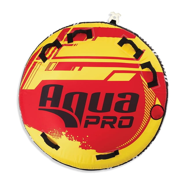 AquaPro Modèle de Pont en Nylon Robuste Remorquable pour 1 Personne, Jaune et Rouge. Ce Circulaire de 60 Pouces Remorquable Présente une construction en Nylon durable avec des Vessies Gonflables Robustes, un Harnais de Remorquage Triplement Renforcé et des Poignées Antidérapantes à Prise Facile. Conçu pour une Personne, Comprend un Siège Rembourré pour le Confort et des valves Boston pour un Gonflage et un Dégonflage Rapides. Convient aux Activités Aquatiques sur les Lacs Ou les Rivières, Supporte jusqu'à 325 Livres.