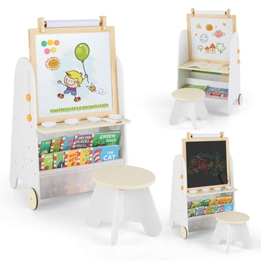 Costway Chevalet Artistique 4-en-1 pour Enfants avec Tabouret avec Tableau Blanc, Tableau Noir Magnétique et Rouleau de Papier