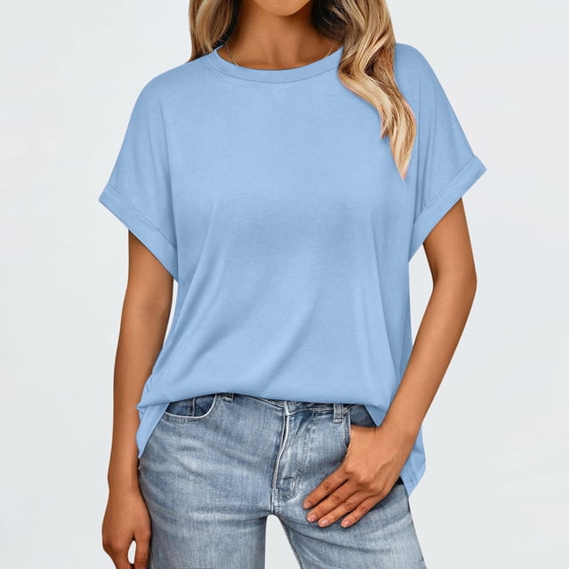 Binmer T-Shirt à Manches Courtes Décontracté pour Femme, Couleur Unie, Col Rond