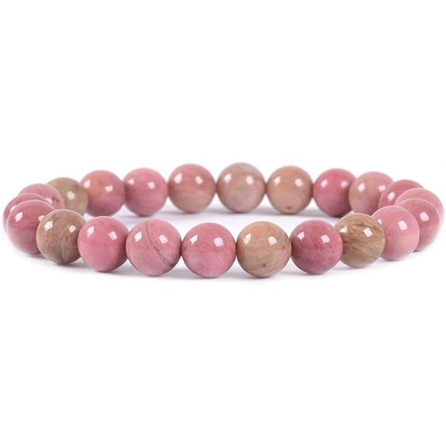 Angelstones Bracelet Extensible en Rhodonite Rose Naturelle, avec des Perles Rondes de 8 mm aux Tons Roses Polis et des Motifs Naturels Uniques. Fait à la Main, design Unisexe Sans Métal, Idéal pour les Peaux Sensibles. la Longueur du Bracelet Est d'Environ 6,5 à 7 Pouces, Convient aux Hommes et aux Femmes. Comprend une Pochette de Rangement.
