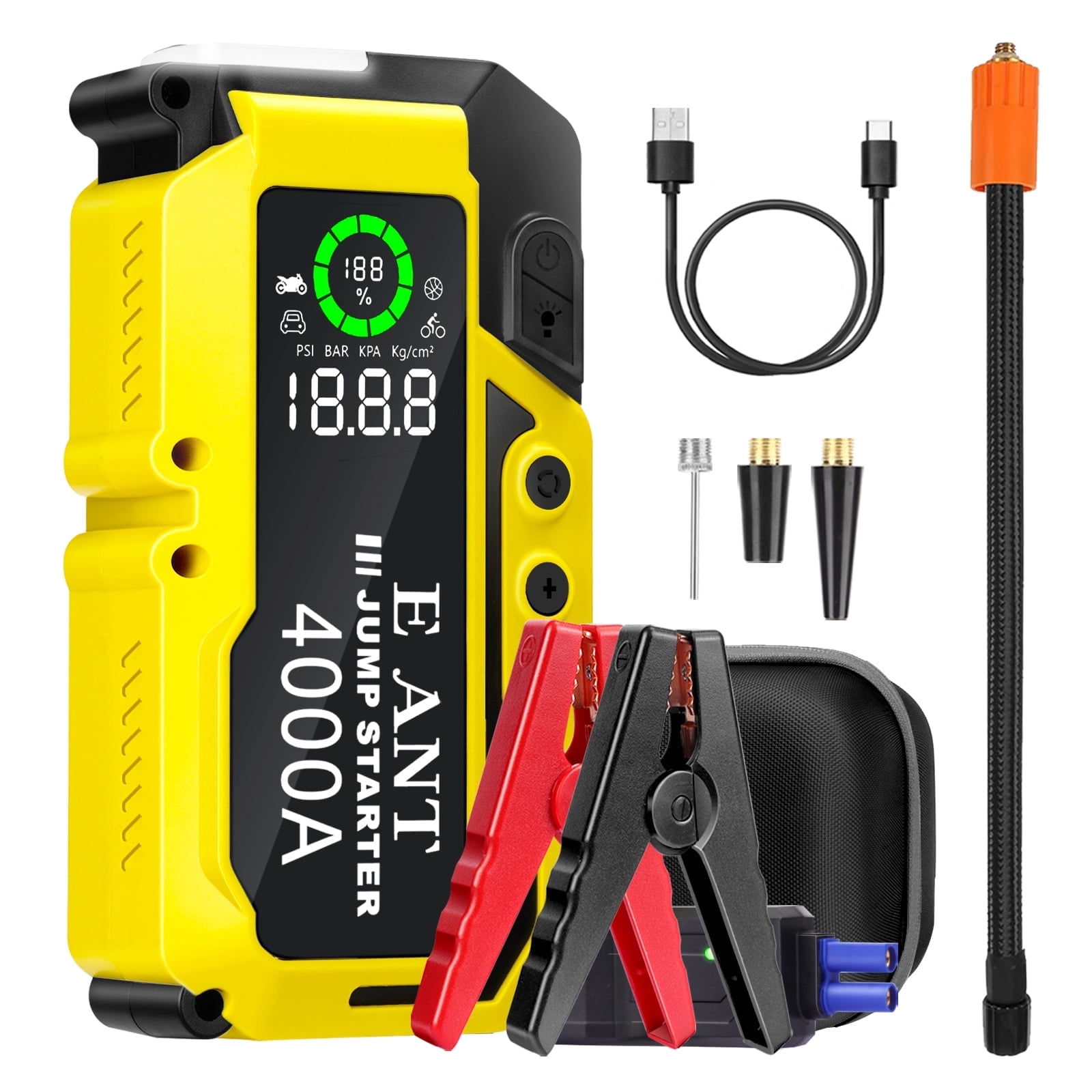 E-Ant Car Jump Starter with Air Compressor, 4000A Peak 12V Portable Battery Booster for Gas/Diesel Vehicles, 150PSI Tire Inflator, USB QC3.0, Emergency Power Bank (Yellow)