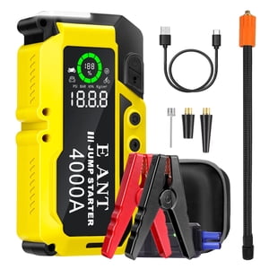 Démarreur de saut à la voiture E-Ant avec Air Compresseur, 4000A Hauteur maximale 12V Booster de batterie portable pour les véhicules à gaz et diesel, 150PSI Gonflateur de pneus, USB QC3.0, Banque d'électricité d'urgence (Yellow)