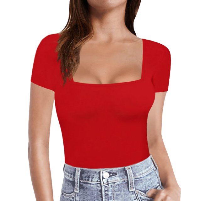 Hiiyo T-Shirt pour Femme à Encolure Carrée, Manches Courtes, T-Shirt d'Été Décontracté, Tailles P