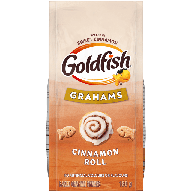 Goldfish® Cinnamon Roll 180g bag of Goldfish® Grahams cinnamon roll-flavoured snack bites on branded orange packaging. Label notes no artificial colours or flavours, no trans fats, low in saturated fats. Often used as a lunchbox treat or as a crunchy yogurt or trail-mix topping.