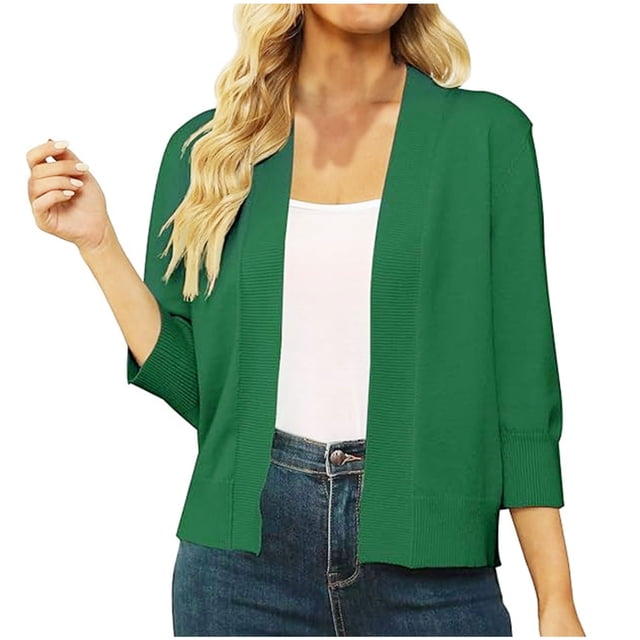 Pitauce Cardigan Court pour Femmes à Manches 3/4, Ouvert à l'Avant, Boléro Léger en Tricot, Shrug Cardigan