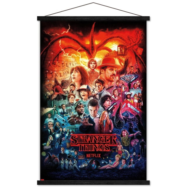 Netflix Stranger Things - Three Seasons One Sheet Wall Poster, 22.375" x 34", depicting a vibrant collage of characters and supernatural scenes from the series with a glowing red Demogorgon and fiery orange background, including the alphabet wall with Christmas lights, Starcourt Mall sign, and Hawkins town scenes, printed on glossy paper and framed with a magnetic black wood frame.