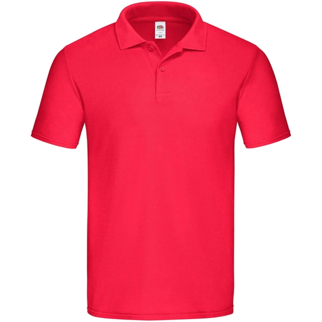 Fruit Of The Loom Mens Original Polo Shirt in a vibrant red color. Made from 100% cotton with a 185gsm weight, this classic-fit polo features a collared neckline, short sleeves, and a two-button placket with dye-to-match buttons. Designed with side seams and a tearaway label, it conforms to Oeko-Tex Standard 100 and WRAP certifications, ensuring safety and quality.
