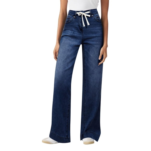 iHPH7 Straight Leg Jeans for Women Work Pants for Women High Waisted Jeans for Women Dark Wash Jeans Women Stretchy Jeans for Women Casual Pants for Women Pull On Jeans for Women Dark Blue L