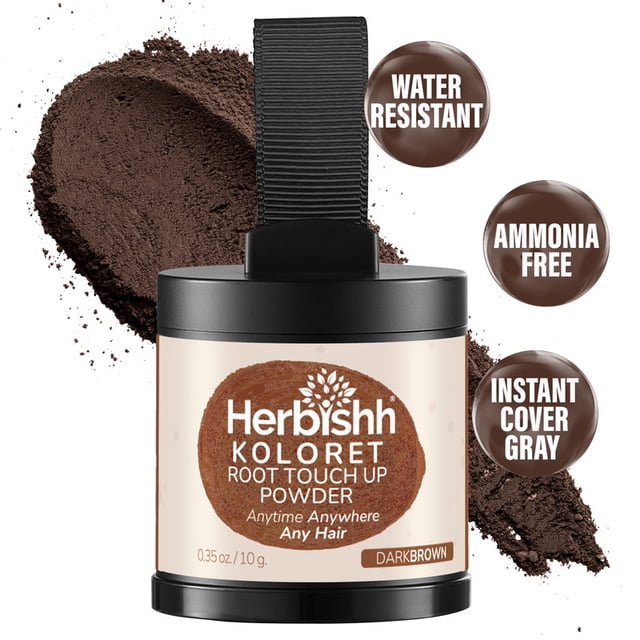 Poudre Retouche Racines Koloret par Herbishh en Brun Foncé, un Contenant de 10 g de Poudre Capillaire Temporaire pour Femmes et Hommes. le Produit Est Conçu pour Couvrir les Racines Grises, Combler les Fissures de la Ligne de Cheveux et Créer une Apparence Plus Complète. l'Emballage Met en Valeur des Caractéristiques comme la Résistance à l'Eau, une Formule Sans Ammoniaque et une Couverture Instantanée des Cheveux Gris. le Contenant Est Présenté avec un Couvercle Noir et une texture de Poudre visible en Arrière-Plan.