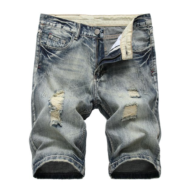Cameland Men's Ripped Denim Trunks Stretchy Washed Jeans Trunks Cut-off Classic Fit Biker Jeans Trunks