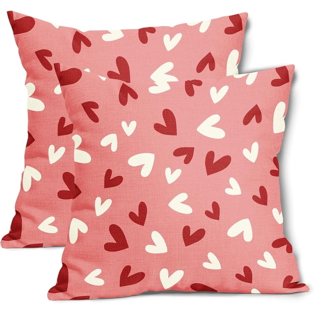 Joyeuse Saint-Valentin Housses de Coussin Roses 18X18 Pouces Ensemble de 2 Taies d'Oreiller Décoratives Saint-Valentin Cœurs Rouges et Blancs Saint-Valentin Mariage Amour Housse de Coussin Déco de Fête à la Maison pour Sofa Canapé Porche Extérieur