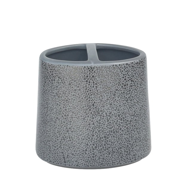 hometrends Ceramic Tooth Brush Holder in grey with a shagreen-textured ceramic finish, featuring a tapered cylindrical shape divided into two compartments, ideal for bathroom countertop organization and often used as a desk organizer.