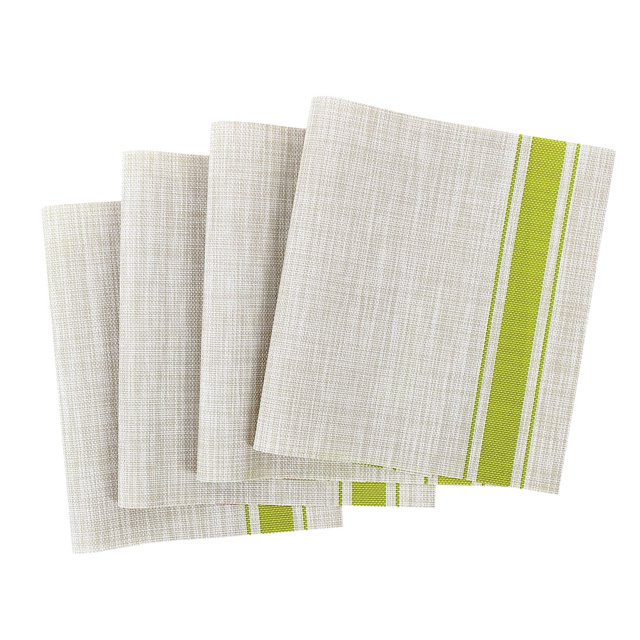 Unique Bargains Heat Resistant Non-skid Removable PVC Table Mats Woven Placemats Begie (Green Strip) 4pcs