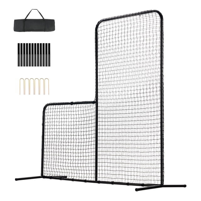KFFKFF L Screen for Baseball Batting Cage, a 7x7 ft safety screen with durable PE netting and a robust steel pipe frame. Includes ground stakes, a carry bag, and accessories for easy assembly and portability. Ideal for pitcher protection during baseball and softball practice, featuring a pitching net design for reliable safety.