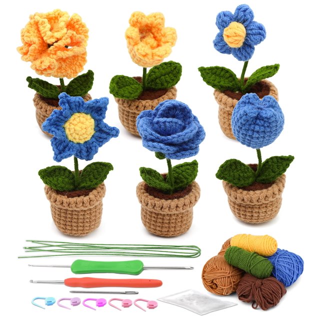 Crochet Kit for Beginners, Crochet Potted Flowers Kit (Blue), Complete Crochet Kit for Beginners Adults