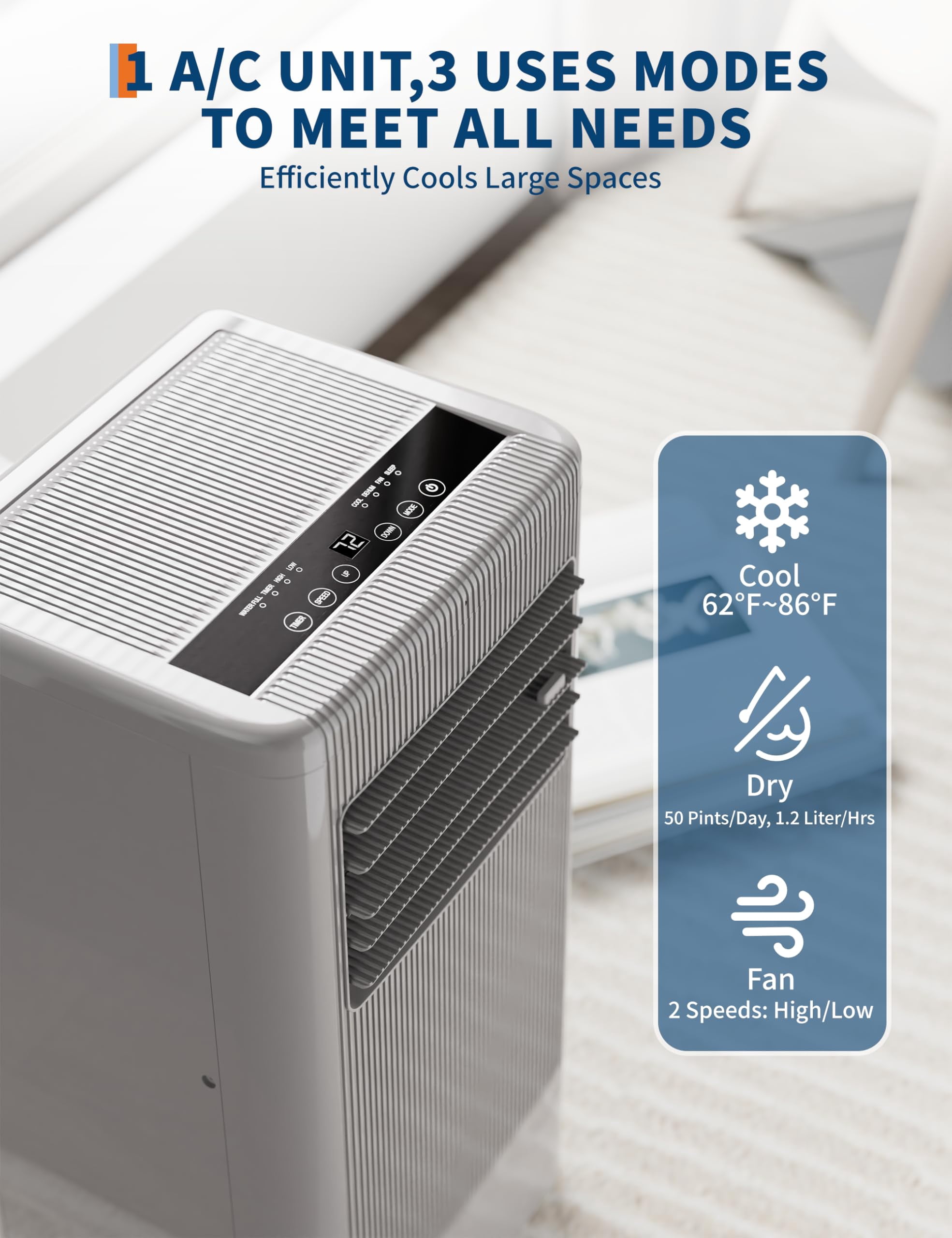 3-in-1 Portable Air Conditioner, 10,000/7,000 BTU AC for Rooms up to 450 Sq.Ft – Quiet, Dehumidifier & Fan Modes, Remote, 24H Timer, Easy Window Kit – Black Control Panel, US Standard