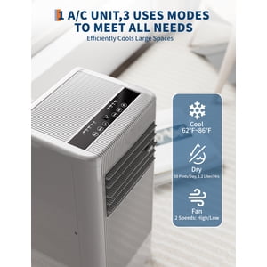 3-in-1 Portable Air Conditioner, 10,000/7,000 BTU AC for Rooms up to 450 Sq.Ft – Quiet, Dehumidifier & Fan Modes, Remote, 24H Timer, Easy Window Kit – Black Control Panel, US Standard