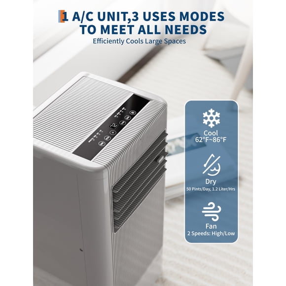 3-in-1 Portable Air Conditioner, 10,000/7,000 BTU AC for Rooms up to 450 Sq.Ft – Quiet, Dehumidifier & Fan Modes, Remote, 24H Timer, Easy Window Kit – Black Control Panel, US Standard