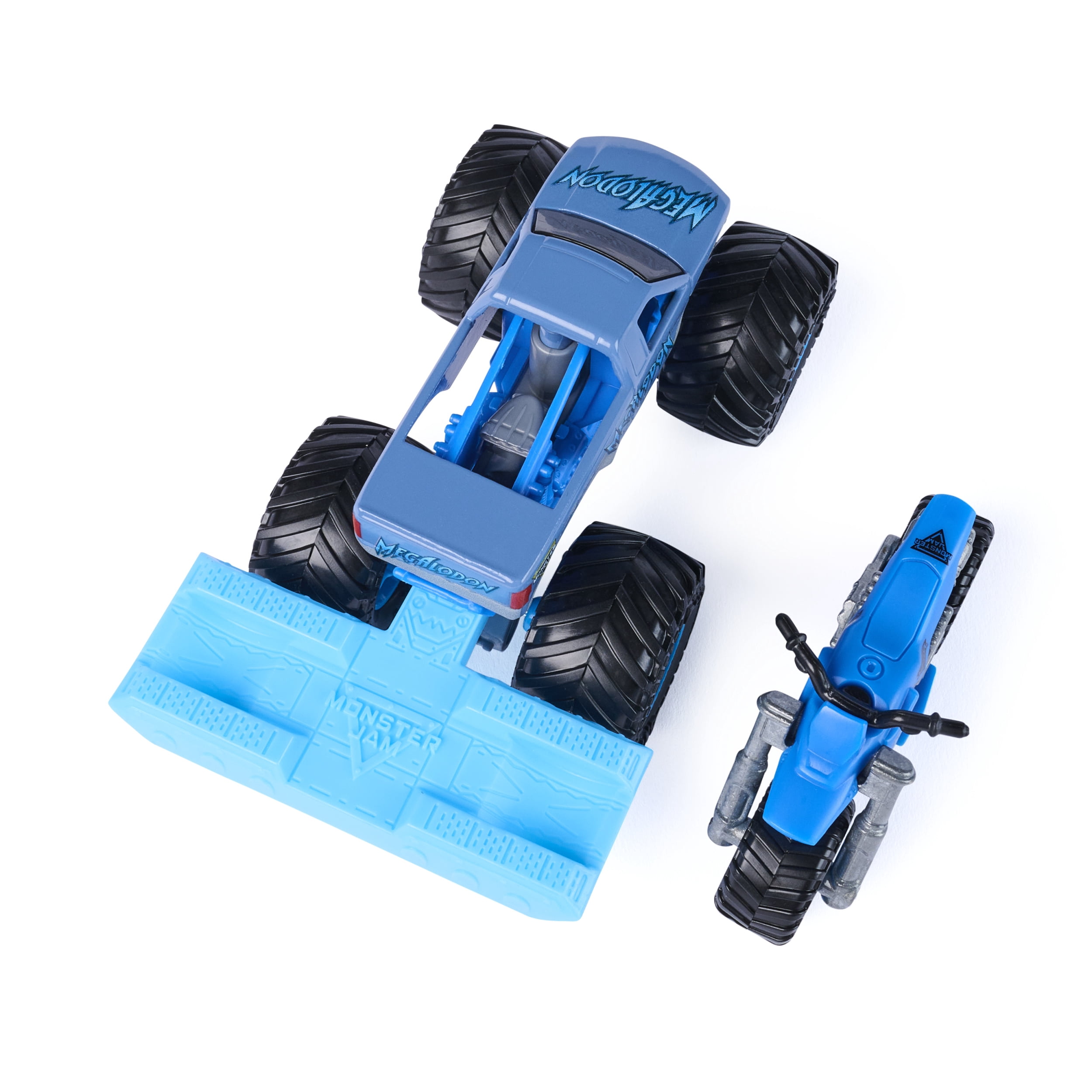 Monster Jam, Monster truck et moto tout-terrain Megalodon officiels, coffret de 2 véhicules avec accessoire, échelle 1:64, jouets pour garçons et filles, à partir de 3 ans