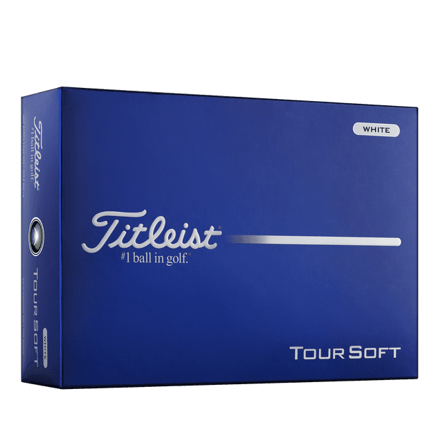 Titleist Tour Soft White Golf Balls packaging in a 3/4 profile view showing a blue box with silver Titleist logo and 'Tour Soft' text, designed for distance, stopping power, and soft feel, ideal for balanced tee-to-green golf performance.