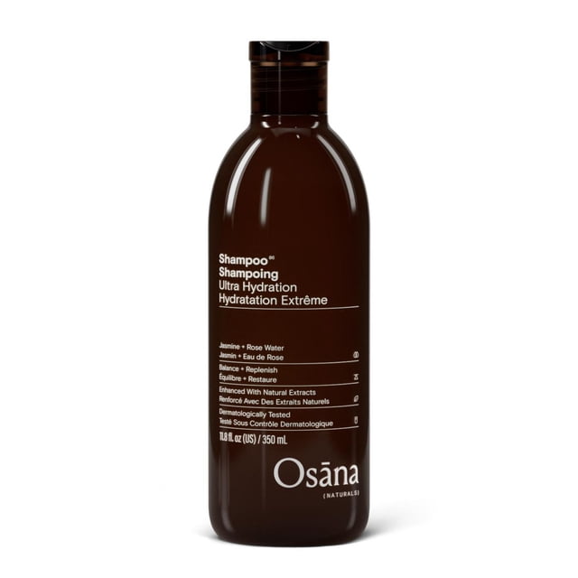 Osana Naturals Shampooing Ultra Hydratation Jasmin + Eau de Rose Brun Foncé Bouteille de 350 ml avec Texte Bilingue Blanc, Présentant des Extraits Naturels, une Formule au pH Équilibré, une Hydratation Sans Sulfates et Testé Dermatologiquement pour Tous les types de Cheveux et une Nutrition Quotidienne.