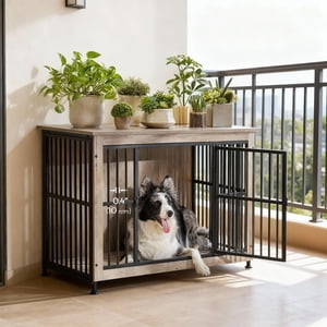 LEDREM Meubles modernes pour chiens doubles porte pour chiens moyens jusqu'à 70 lb, Base fermée & Cadre en acier renforcé, conception de table latérale de 38.6 pouces, Greige