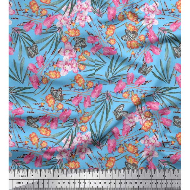 Soimoi Polyester Crepe Fabric & Orchids Floral Print Sewing Fabric Yard 42 Inch Wide
