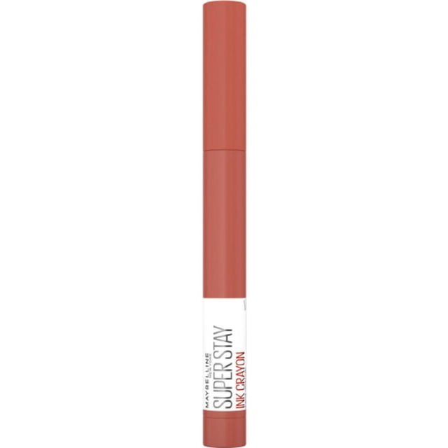 Super Stay®Ink Crayon Lipstick in a vertical front view with a matte dusty rose crayon and white label with black and red text, delivering up to 8-hour smudge-resistant matte lip colour with built-in sharpener for precise application, ideal for long-lasting lip makeup.