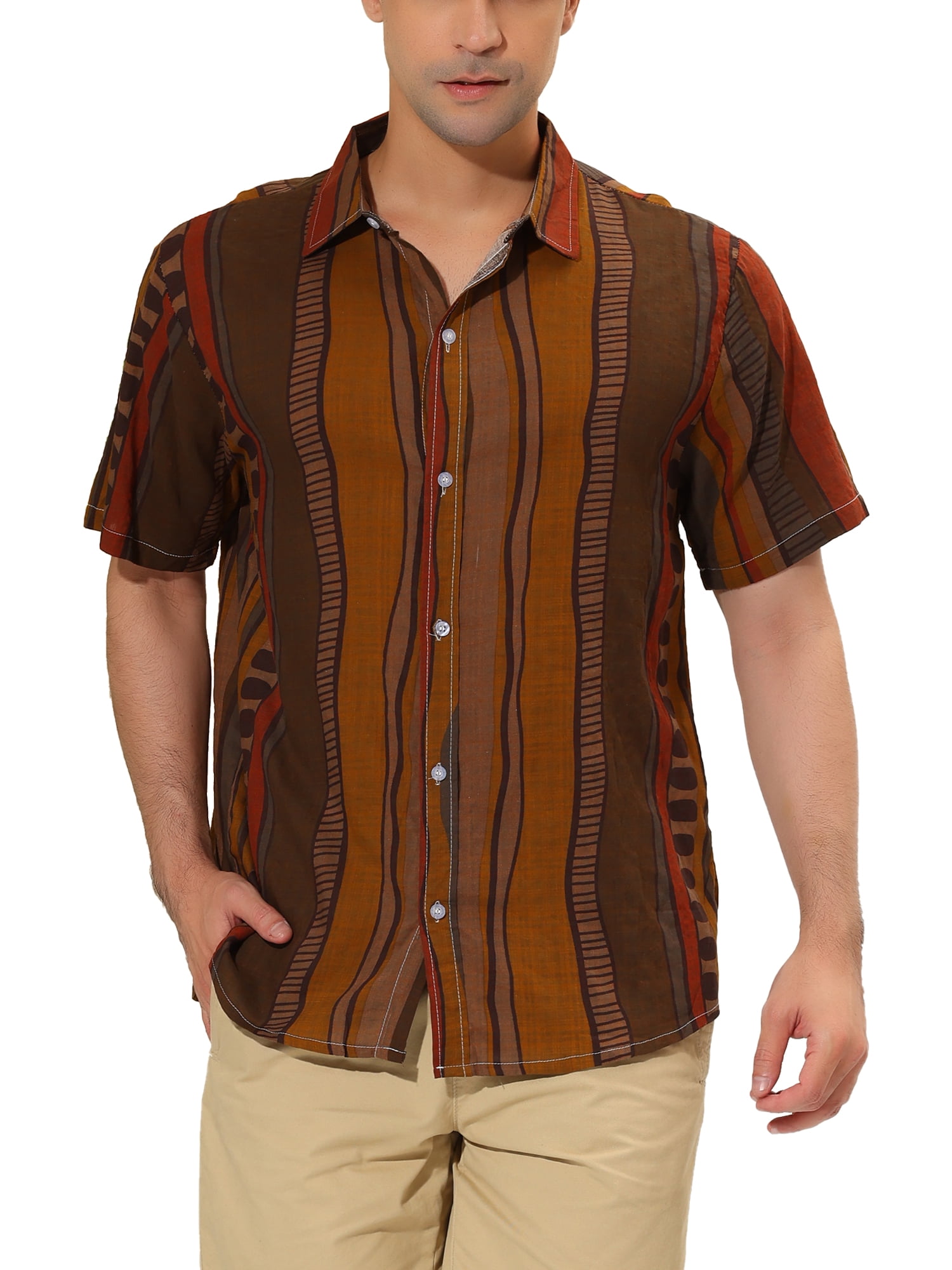 INSPIRE CHIC Men's Shirt Vertical Striped Button Down Point Collar Short Sleeve Shirt M Brown Khaki
