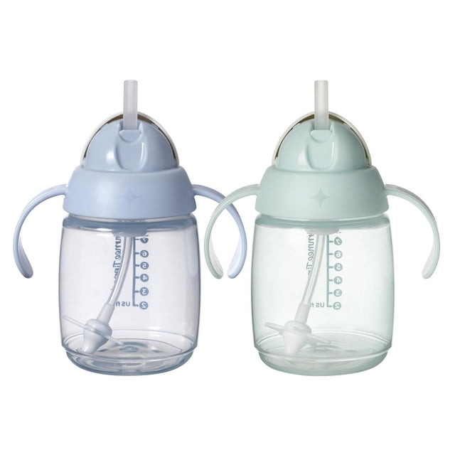 Tommee Tippee Starter Straw Cup, 8oz, easy transition toddler cup for 6 months+, with two clear cups featuring blue and green lids, silicone weighted straws for drinking from any angle, easy-hold handles, clear measurement markers, and a leak-proof two-piece valve to prevent spills.