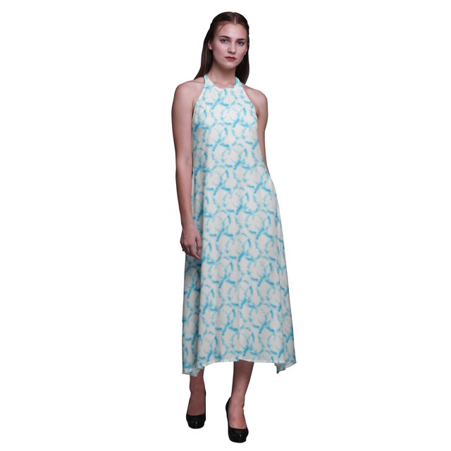 Bimba Robe Teinture sur Nœuds Décontractée Longue Dos Nu à Col Licou pour Femme, Robe de Plage Imprimée - Très Petit