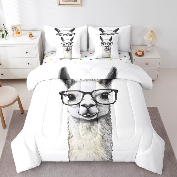Erosebridal Teen Kawaii Alpaca Bedding Queen Size,Cute Wildlife Comforter Sets with Sheets,Animal Decor,Reversible,Ultra Soft,7 Pieces