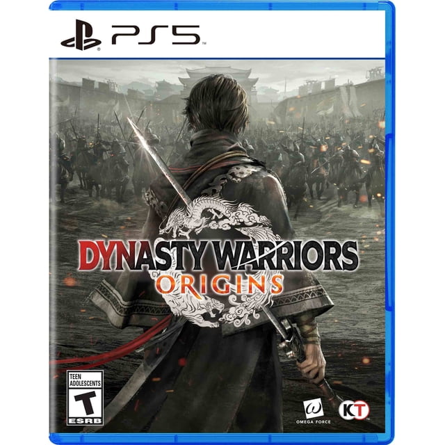 Dynasty Warriors Origins PlayStation 5 video game cover showing a back view of a warrior holding a blood-stained sword facing a massive army on a foggy battlefield with ancient Chinese architecture, emphasizing real-time tactics and historical battle action.