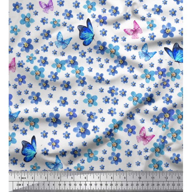 Soimoi Cotton Cambric Fabric Butterfly & Flower Decor Fabric Printed Yard 56 Inch Wide