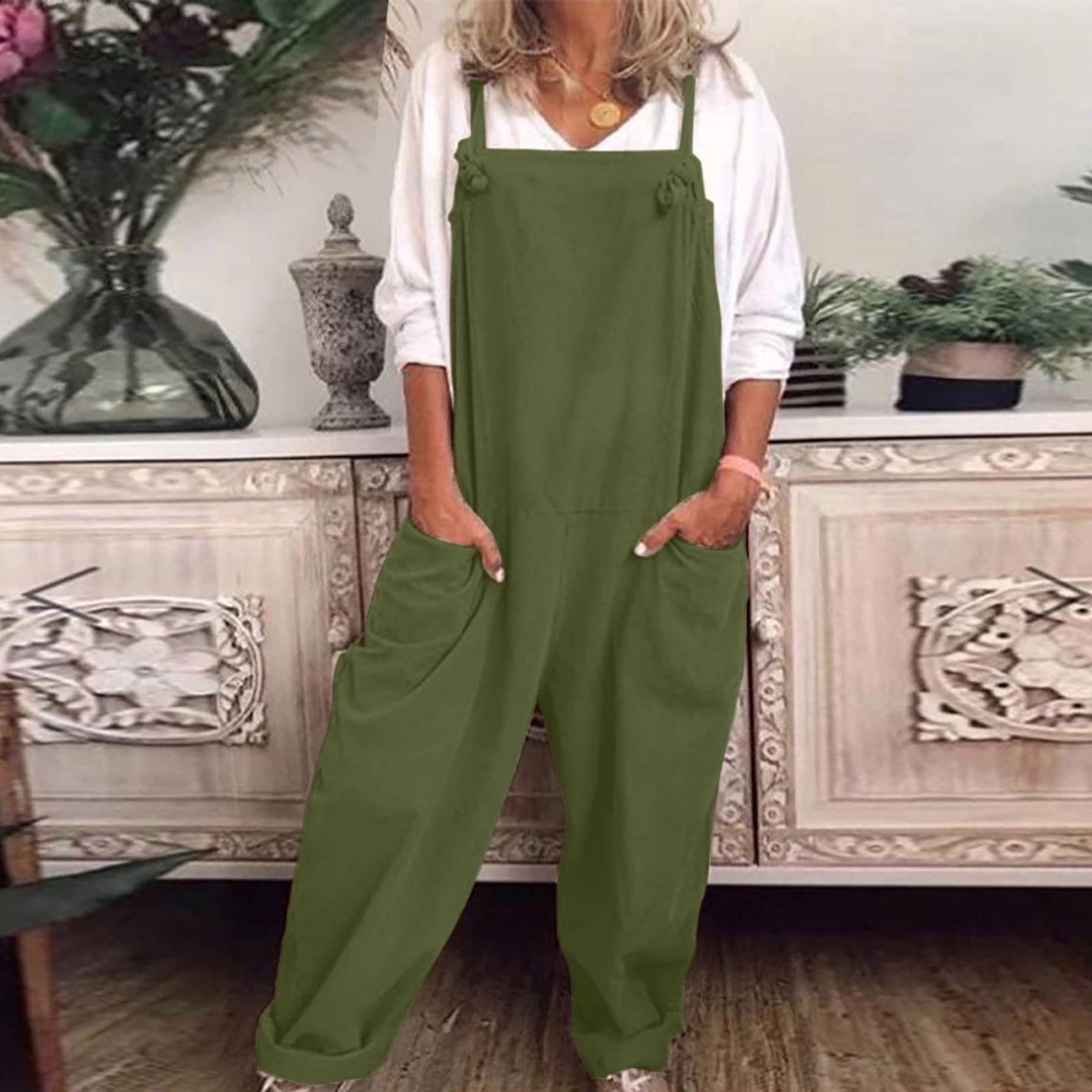Fankiway Salopette Décontractée Ample pour Femme, Coton et Lin, Taille P