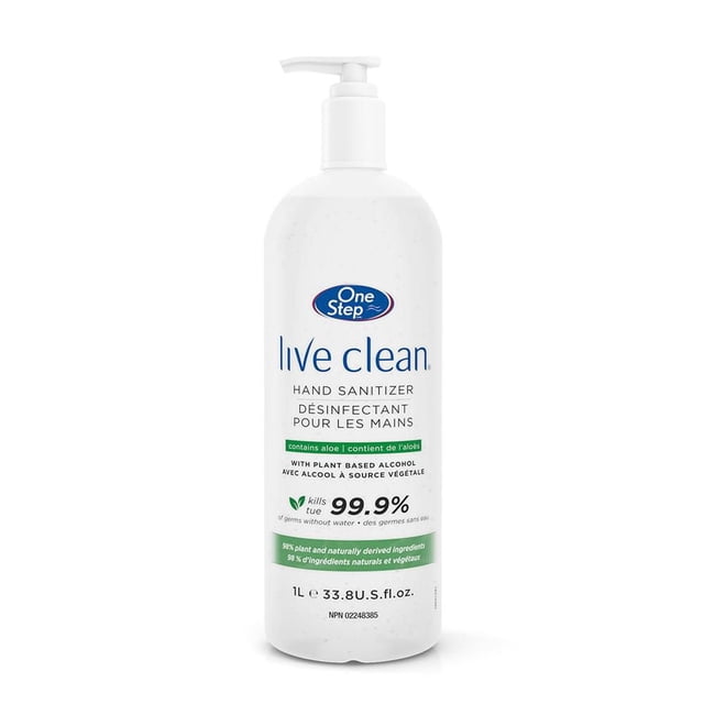 Live Clean One Step Hand Sanitizer in a 1-liter white pump bottle with blue and green label, containing 70% plant-based ethyl alcohol and aloe, kills 99.9% of germs without water, antimicrobial and biodegradable formula for hand sanitization.