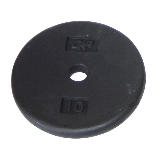 CAP Barbell 1-Inch Cast Iron Weight Plate, Black, Single, 10 lb, front-facing round cast iron weight plate with a 1-inch machined center hole, black baked enamel finish, embossed CAP logo and number 10, designed for use with standard 1-inch bars in strength training and home gyms.
