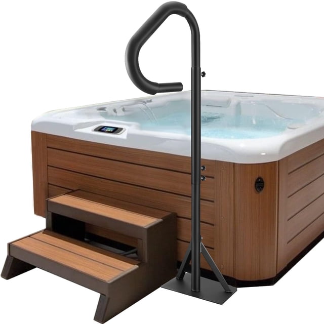 VEVOR Hot Tub Handrail with 360-degree rotation and adjustable height from 48 to 63 inches, shown installed beside a wooden hot tub with steps. The matte black aluminum handrail features a slide-under mount base and a triangular bracket for stability, supporting up to 600 lbs. Suitable for indoor and outdoor use.