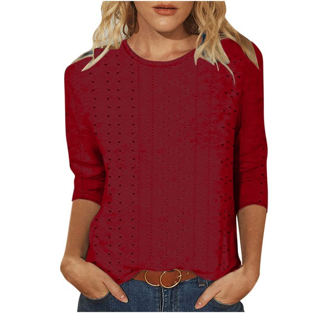 Moxiu Hauts à Oeillets Hauts pour Femmes Chemises à Manches 3/4 2025 T-Shirt Trois Quarts pour Dames Blouse à Col Rond Décontractée Ample Hauts de Sortie 95 % Polyester + 5 % Spandex