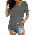 thumbnail image 1 of JIRNDf Chemises pour Femmes Hauts Tendance d'Été Mode à Volants Manches Courtes Encolure Carrée Blouse Rayée pour Femmes Tunique Décontractée Hauts Noir m, 1 of 5
