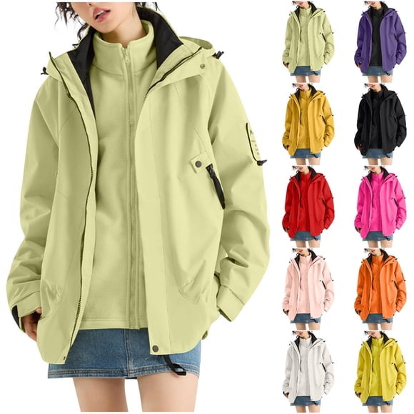 Mceream Rain Jacket for Women 3 In 1 Loose Fit Waterproof Windbreaker Lightweight Rain Coat Hiking Windbreaker Jacket with Hood Trench Coat Plus Size Chaqueta Invierno Para Mujer Green S