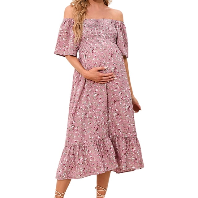 MEZZALL Robe Femme Florale à Encolure Carrée Robes Midi Robe de Maternité Enceinte Décontractée Robe Trapèze Longue Fluide à Smocks Robe Douce Tenue Quotidienne m